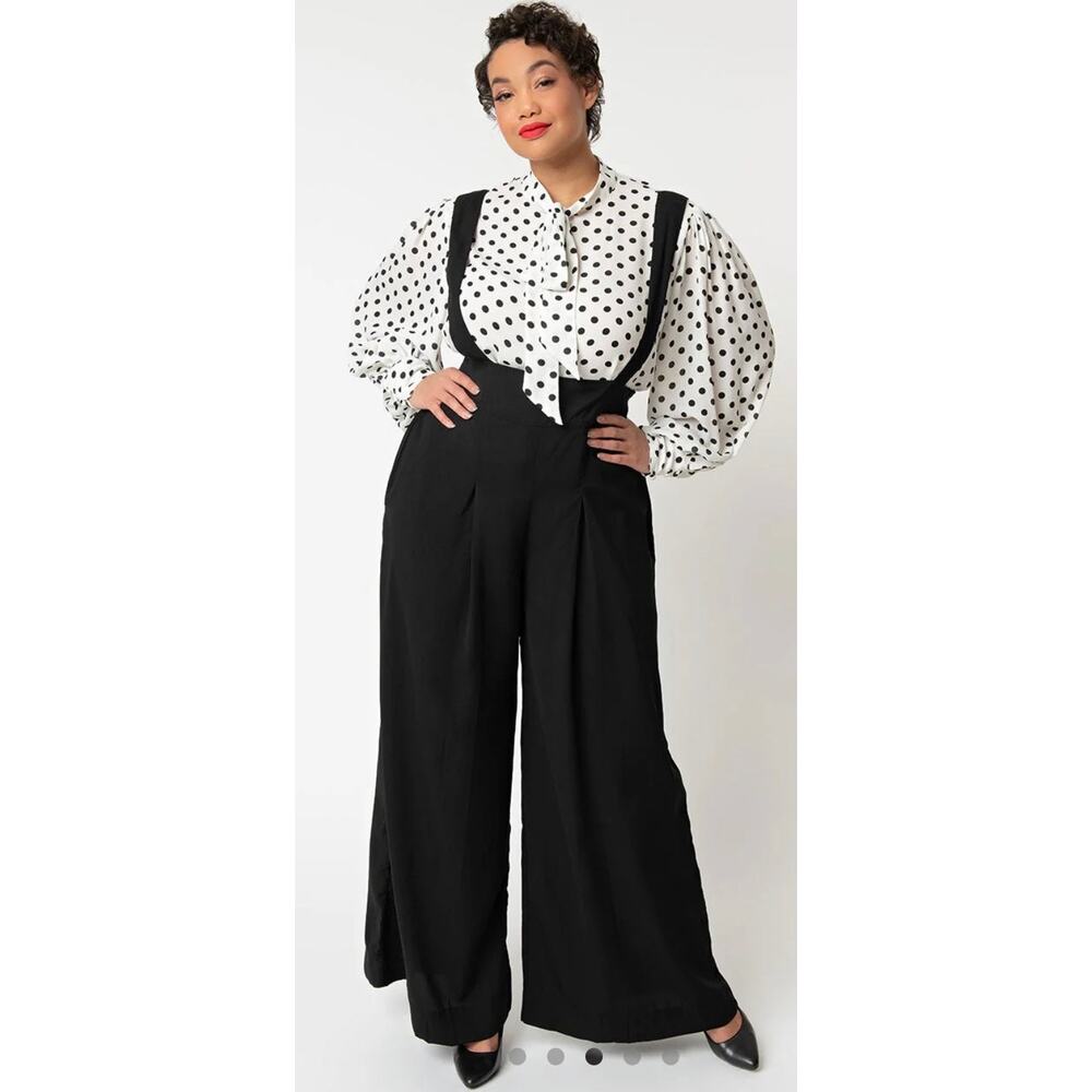 Unique Vintage Black Rochelle Wide Leg Suspender Trousers Pants M NWT